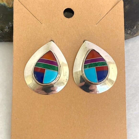 Sterling Silver 925 Southwest Style Turquoise Coral Lapis Inlay Stud Earrings - Picture 1 of 16